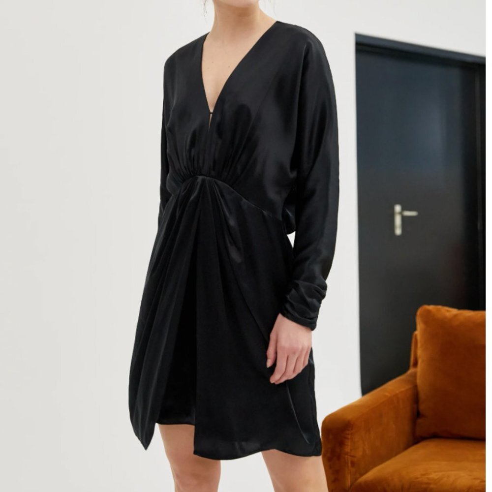 Rag & Bone Eloise Gathered Long Sleeve Satin Silk Minidress In Black Nwt Size 6